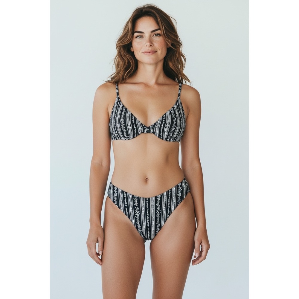 NWT Maaji Women's Swim Top & Bottom‎ Bikini Set Black White Stripe Print Size M